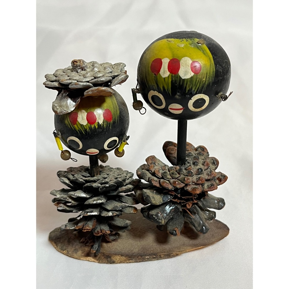 Kokeshi Pine Cone Figurines Hand Painted Wood Folk Art Made in Japan Mid Century